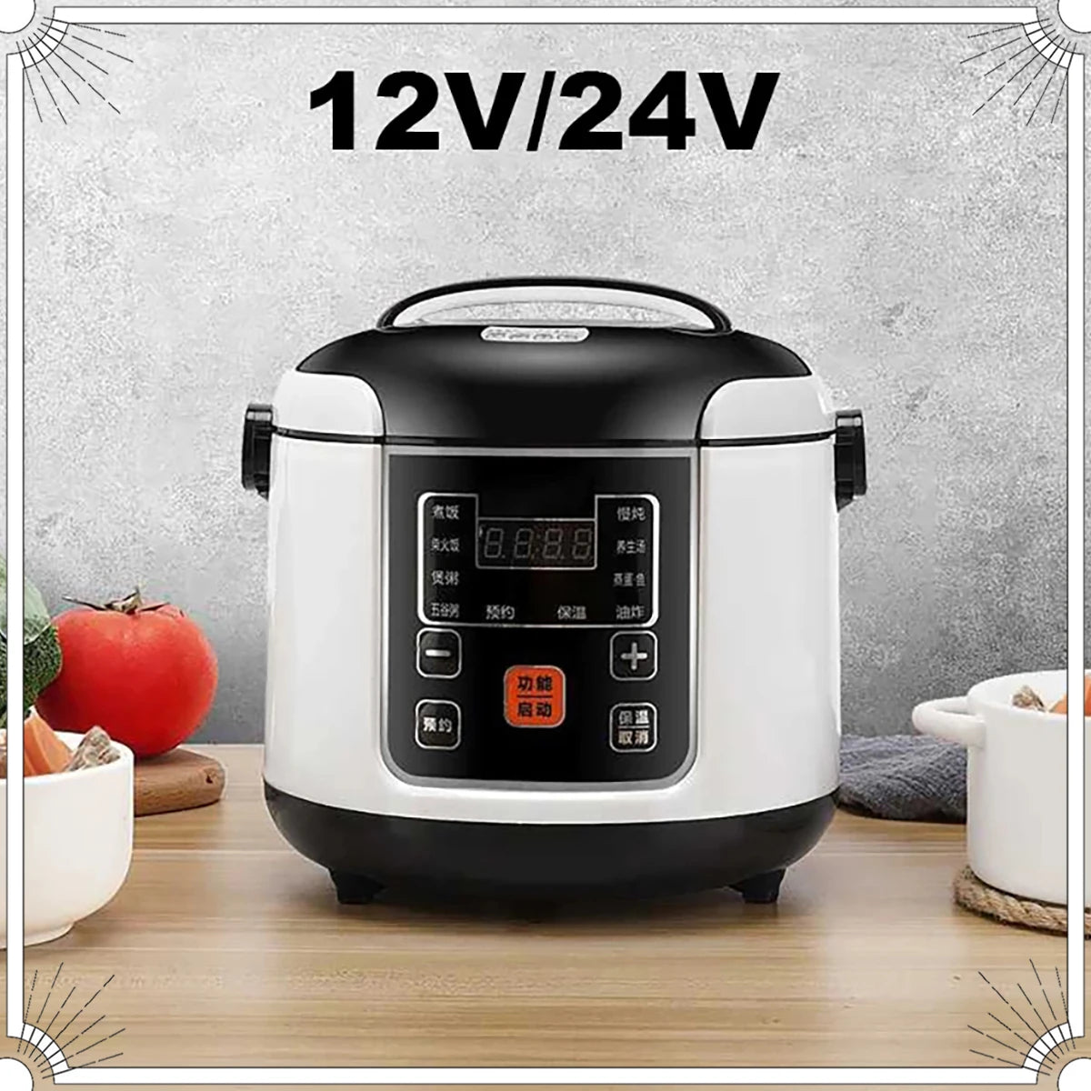 Mini electric rice cooker by Showlu Smart General, 2L capacity, 200W portable kitchen appliance, black and silver design.