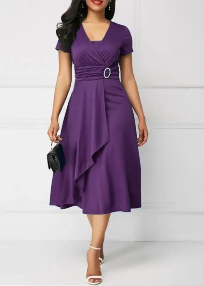 Liva Girl women's V-neck short sleeve summer party dress in elegant A-line style, shown in vibrant fabric with a flowing silhouette.