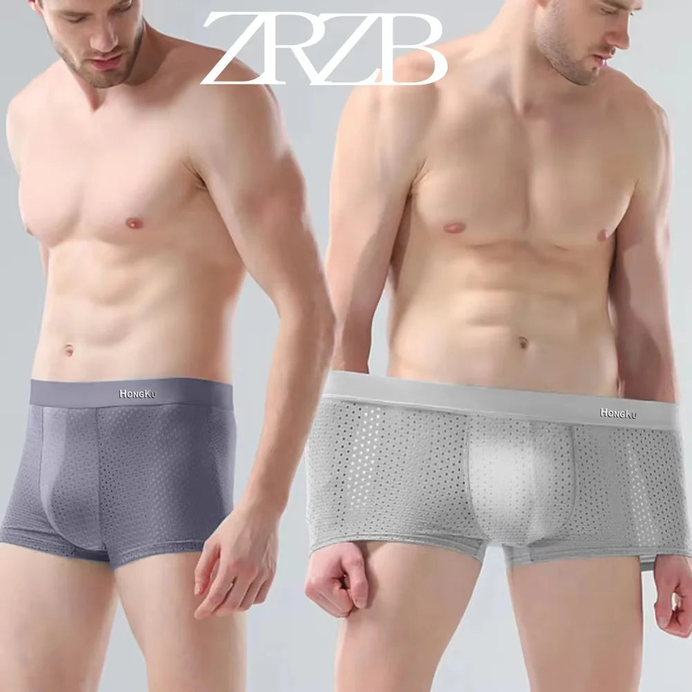 Showlu Men's breathable boxer shorts in solid polyester-spandex fabric, comfortable underwear with elastic waistband.