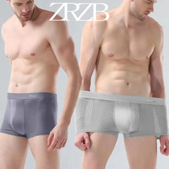 Two men wearing breathable, knit boxer shorts in grey and light grey with elastic waistbands.