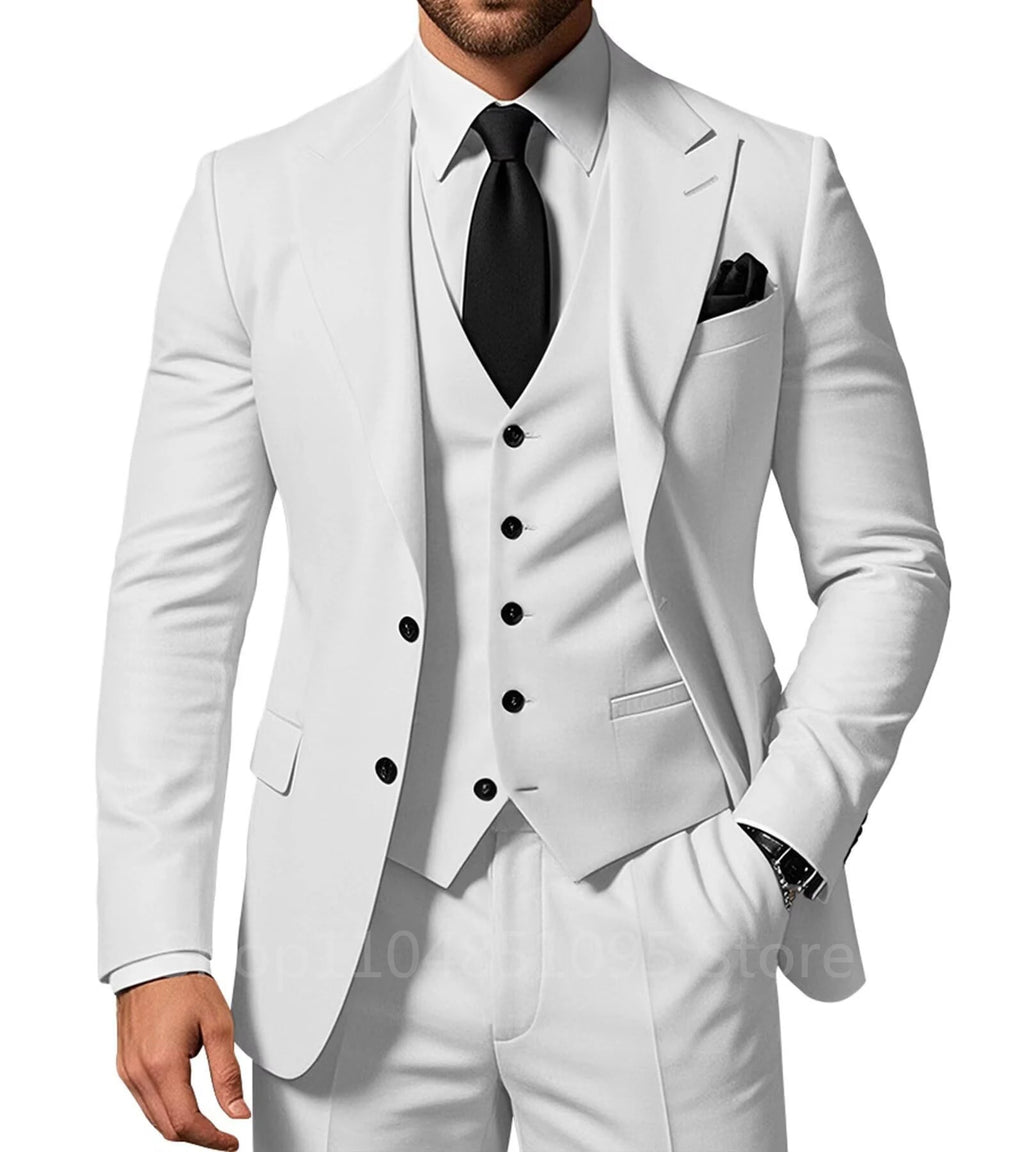 Elegant men's wedding suit set with peak lapel jacket, trousers, and vest from Showlu Fashion, perfect for formal occasions.