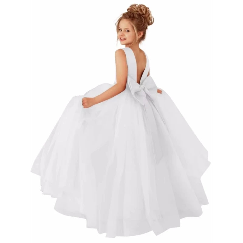 Dusty pink flower girl dress by Showlu Fashion Store with pearl belt, ball gown style, perfect for weddings.