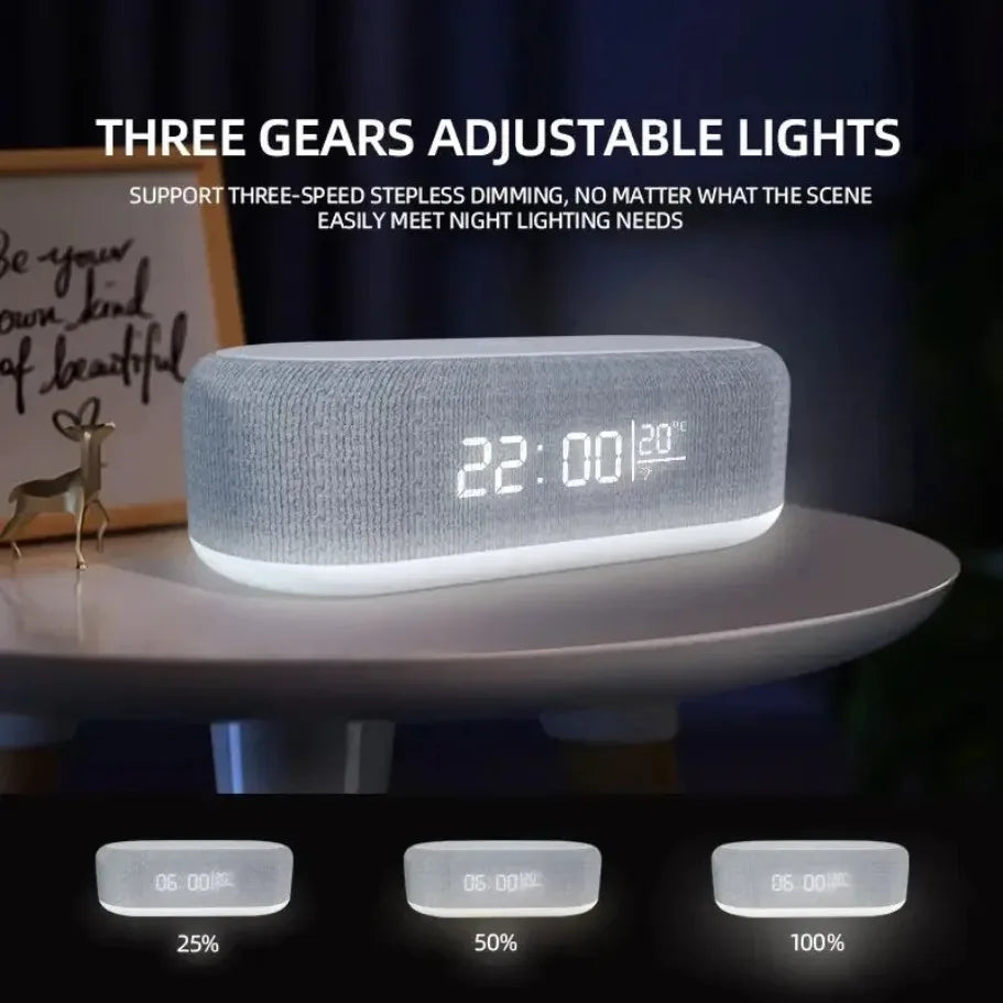 Showlu Smart General 15W wireless charging alarm clock with LED night light, digital display, and sleek modern design.