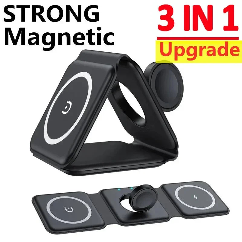 Showlu Smart General 3-in-1 wireless charging station with space for phone, smartwatch, and earbuds, in sleek black design.