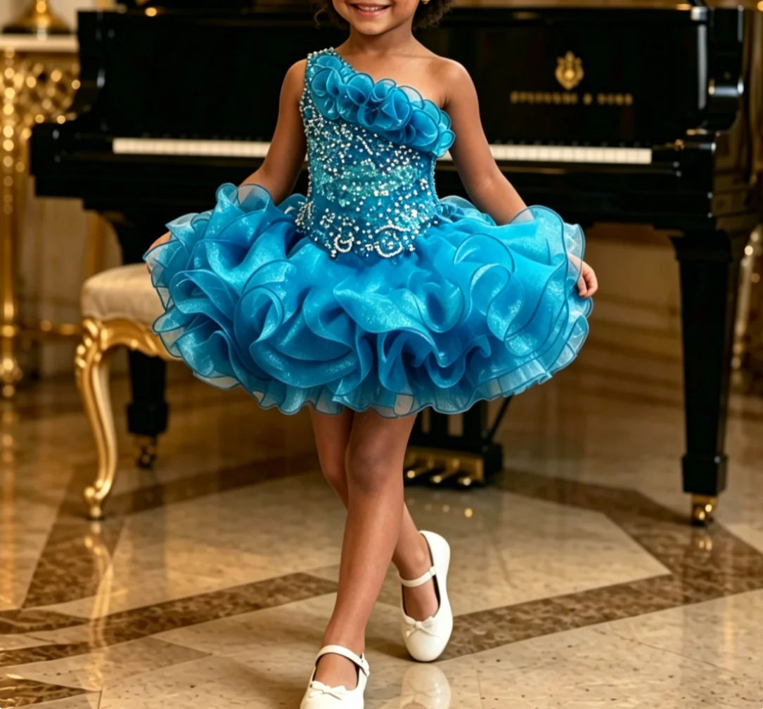 Glam One Shoulder Ruffle Trim Kids Formal Dress Sparkle Crystal Embellished Bodice Voluminous Glitter Tulle Skirt Birthday Gown