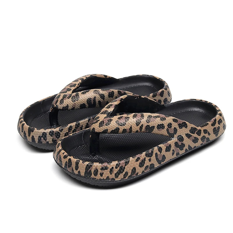 Summer women’s leopard flip-flops by Showlu Fashion with soft thick soles, perfect for beach, travel, and casual summer wear.