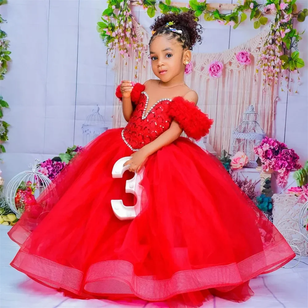 Red flower girl dress by SHOWLU FASHION STORE featuring tulle ruffles and a ball gown style for weddings.