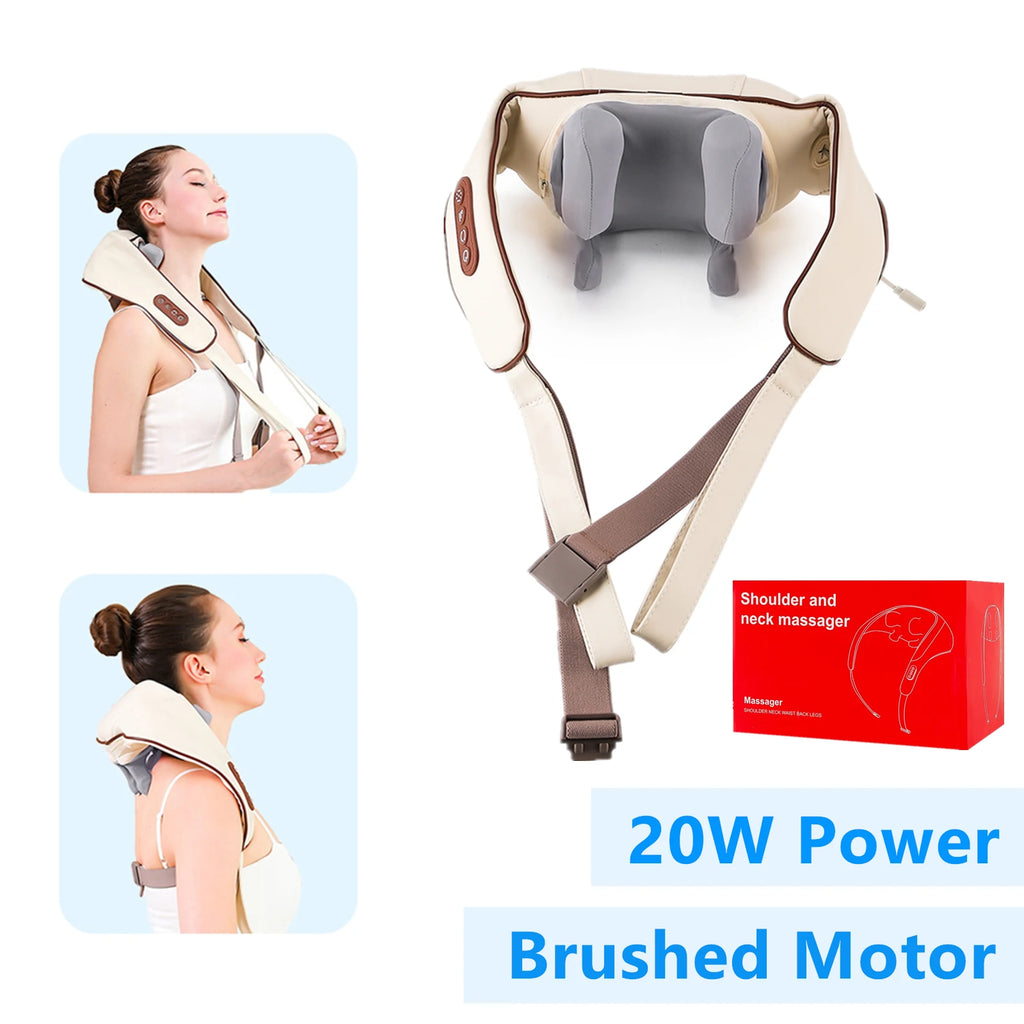 Showlu Smart electric neck and shoulder massage shawl with deep tissue therapy, showing the padded fabric and control panel.