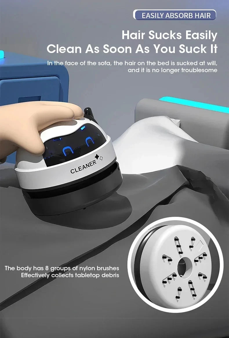Mini USB robot desk vacuum by Showlu Smart General, showing a compact robot-shaped vacuum cleaner on a desk.