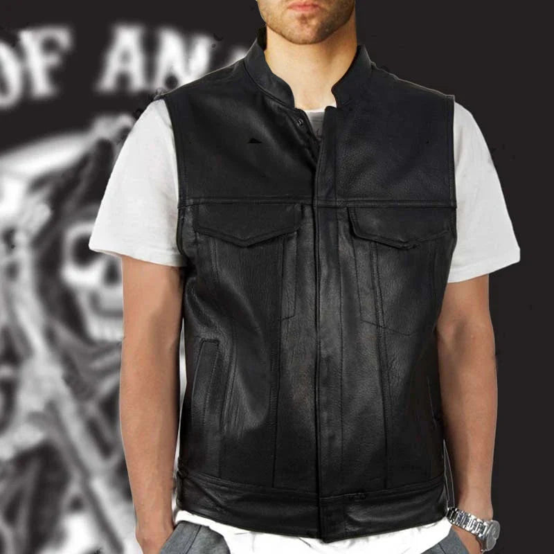 Men's faux leather biker vest with stand collar, stylish autumn winter waistcoat by SHOWLU FASHION STORE.