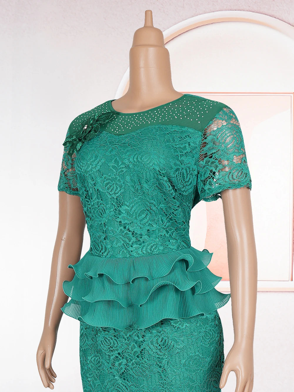 African women's dress with falbala details, suitable for summer, weddings, or office wear, featuring vibrant Ankara fabric.