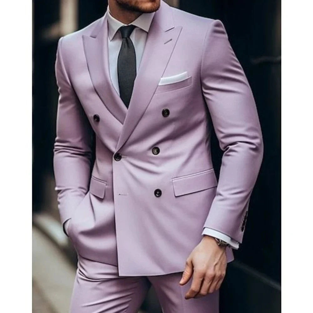 Lilac Men's Suits Solid 2 Pcs Wedding Daily Business Formal Men Suits Tailored Silm Fit Double Breasted 6 Buttons (Blazer+Pants)