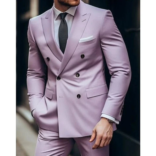 Lilac Men's Suits Solid 2 Pcs Wedding Daily Business Formal Men Suits Tailored Silm Fit Double Breasted 6 Buttons (Blazer+Pants)
