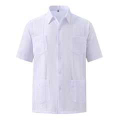 2025 New Summer Men's Guayabera Shirts Four Pockets Embroidered Short Sleeve Shirts for Men Blue Mexican Cuban Button Shirt