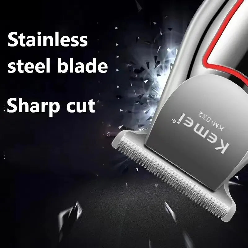 Rechargeable Kemei KM-032 hair trimmer by Showlu Smart General, showing the sleek black design and adjustable blades.