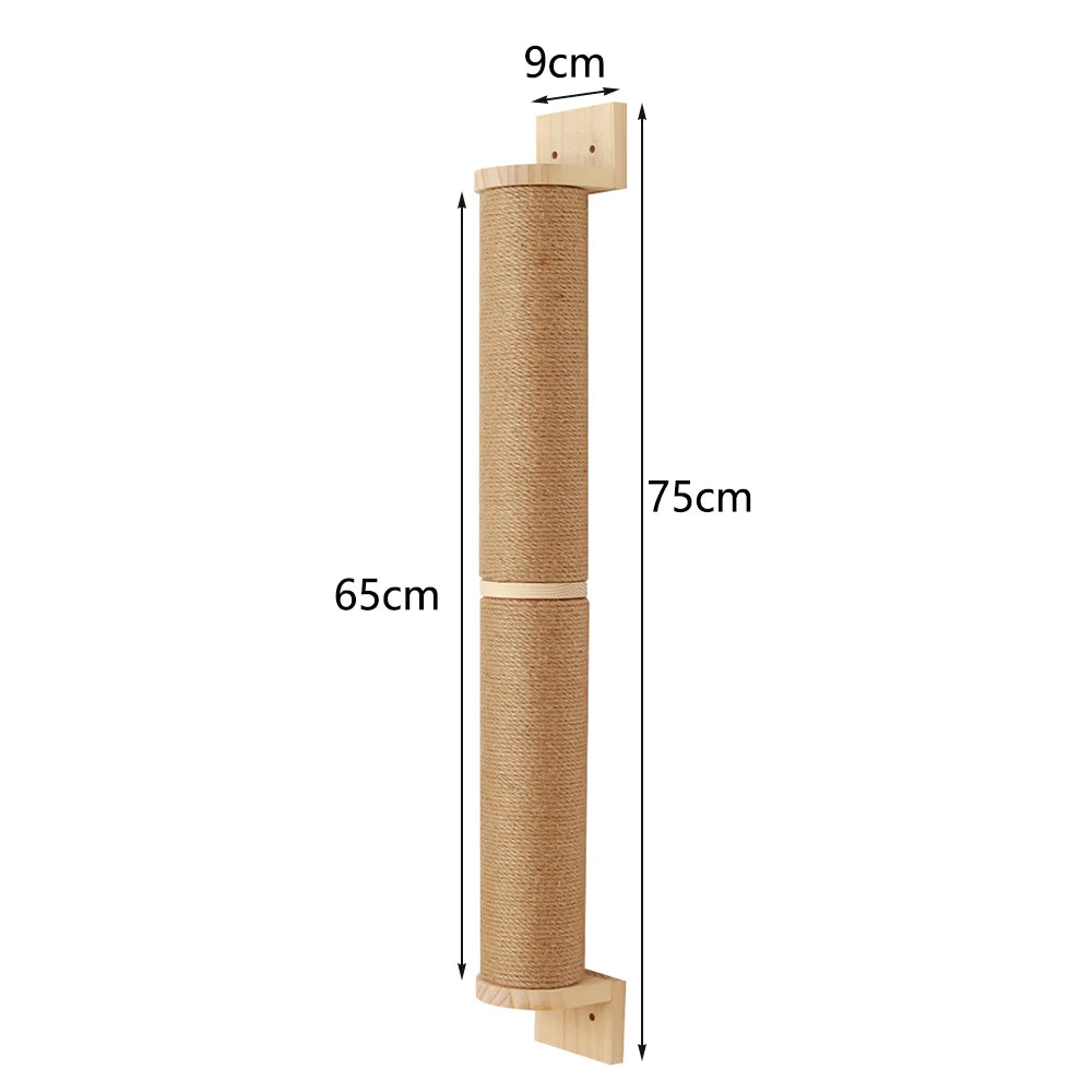 Showlu Wood Wall Mounted Cat Scratching Post and kitten tree, featuring thick wooden posts and cozy perch for cats to scratch and rest.