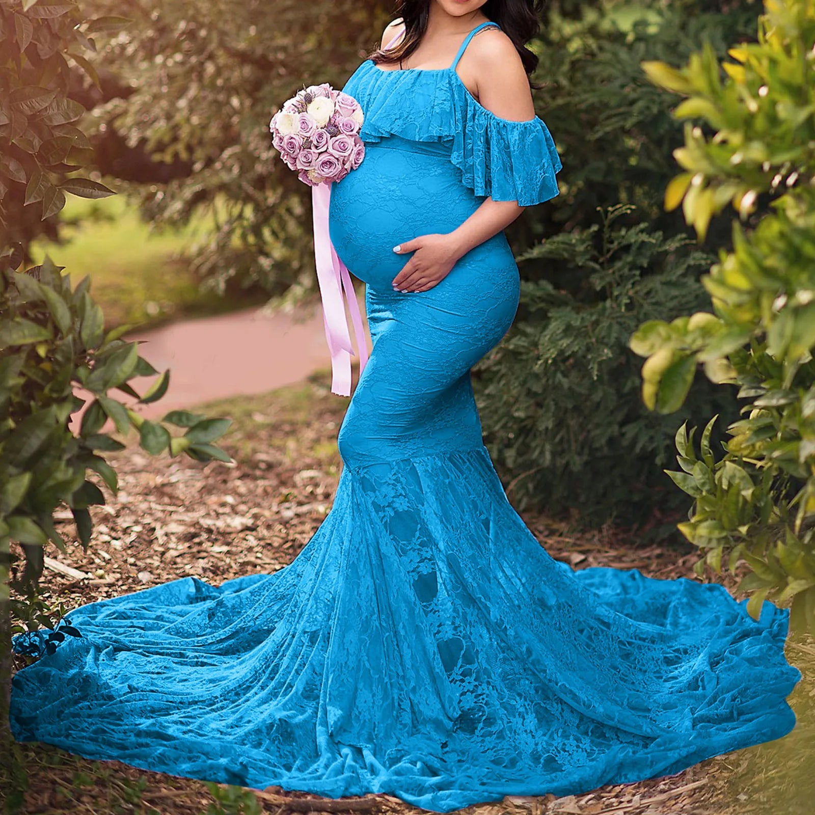 Showlu Fashion coral lace mesh maternity dress with sleeveless tulle mini design, perfect for expecting mothers.
