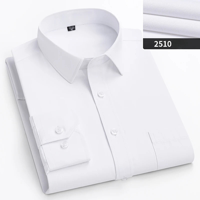 Showlu Fashion men's double collar slim fit formal plain shirt in plus size, long-sleeve solid office top for business attire.
