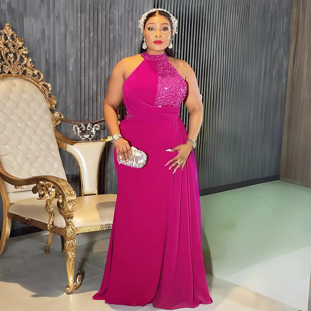 Elegant African party dress for women featuring sequins, maxi length, plus size, and dashiki design for wedding or evening events.