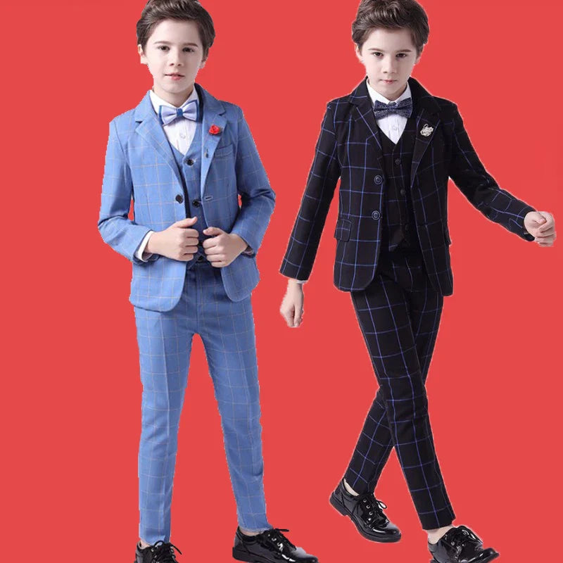LUOBOBEIBEIC boys 3-piece plaid formal suit with tuxedo jacket, shirt, and pants, ideal for kids' weddings and special occasions