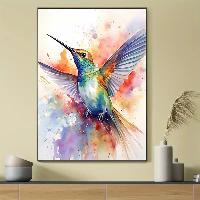 Colorful watercolor hummingbird and flower wall art canvas painting, vibrant home decor poster for living rooms and home interiors