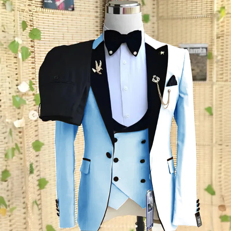Beige three-piece men's formal tuxedo suit with peaked lapel, blazer, pants, and vest, suitable for weddings, parties, and business.