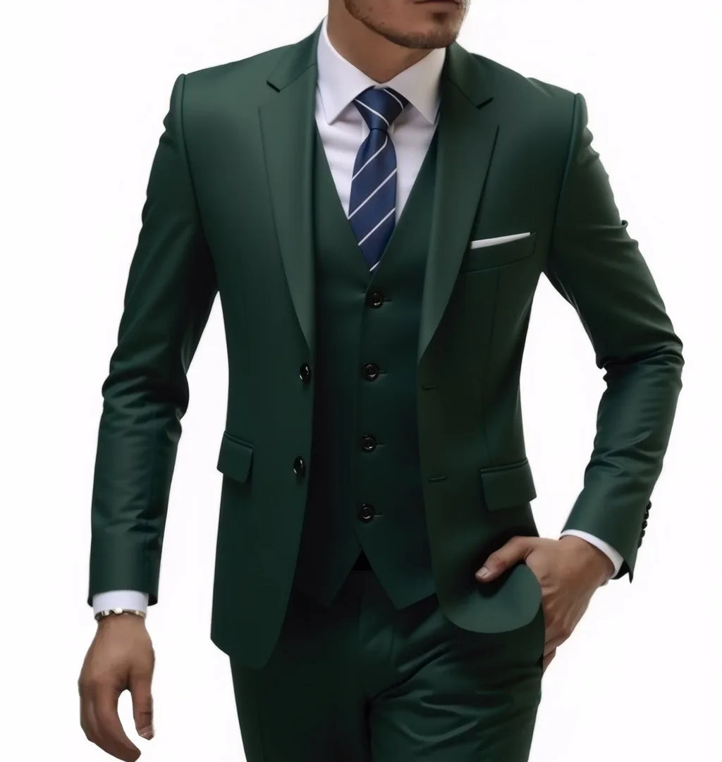 Men's casual 3-piece suit with blazer, trousers, and vest in solid colors, featuring two-button blazer from Showlu Fashion Store.