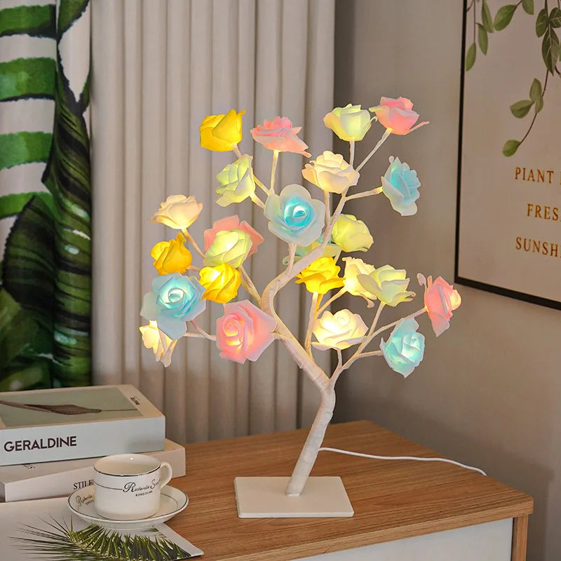 USB-powered LED rose tree lamp with illuminated flower branches, perfect as a decorative night light for cozy spaces.