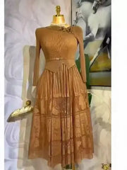 Miyake Miyake Plus Size Pleated Women's Dress Lace Corsage Slim Fit