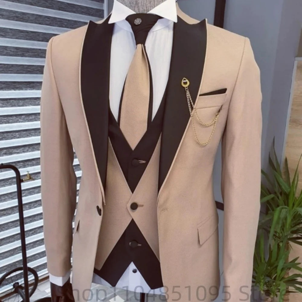 Men's solid slim fit 3-piece business suit set with blazer, vest, and pants, ideal for wedding and formal events.