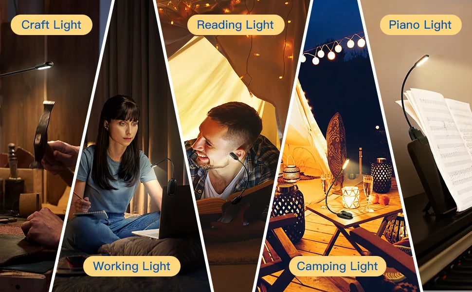 Showlu Smart General Claeted Rechargeable Clip Reading Light attached to a book with adjustable LED illumination