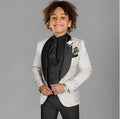 Jacquard boys' 3-piece suit set including jacket, pants, and vest, formal wedding tuxedo for kids ages 2-16, shown on a child model.