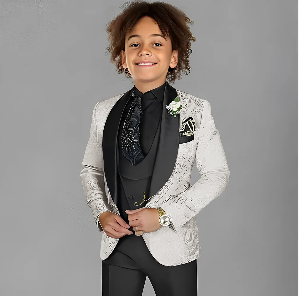 Jacquard boys' 3-piece suit set including jacket, pants, and vest, formal wedding tuxedo for kids ages 2-16, shown on a child model.