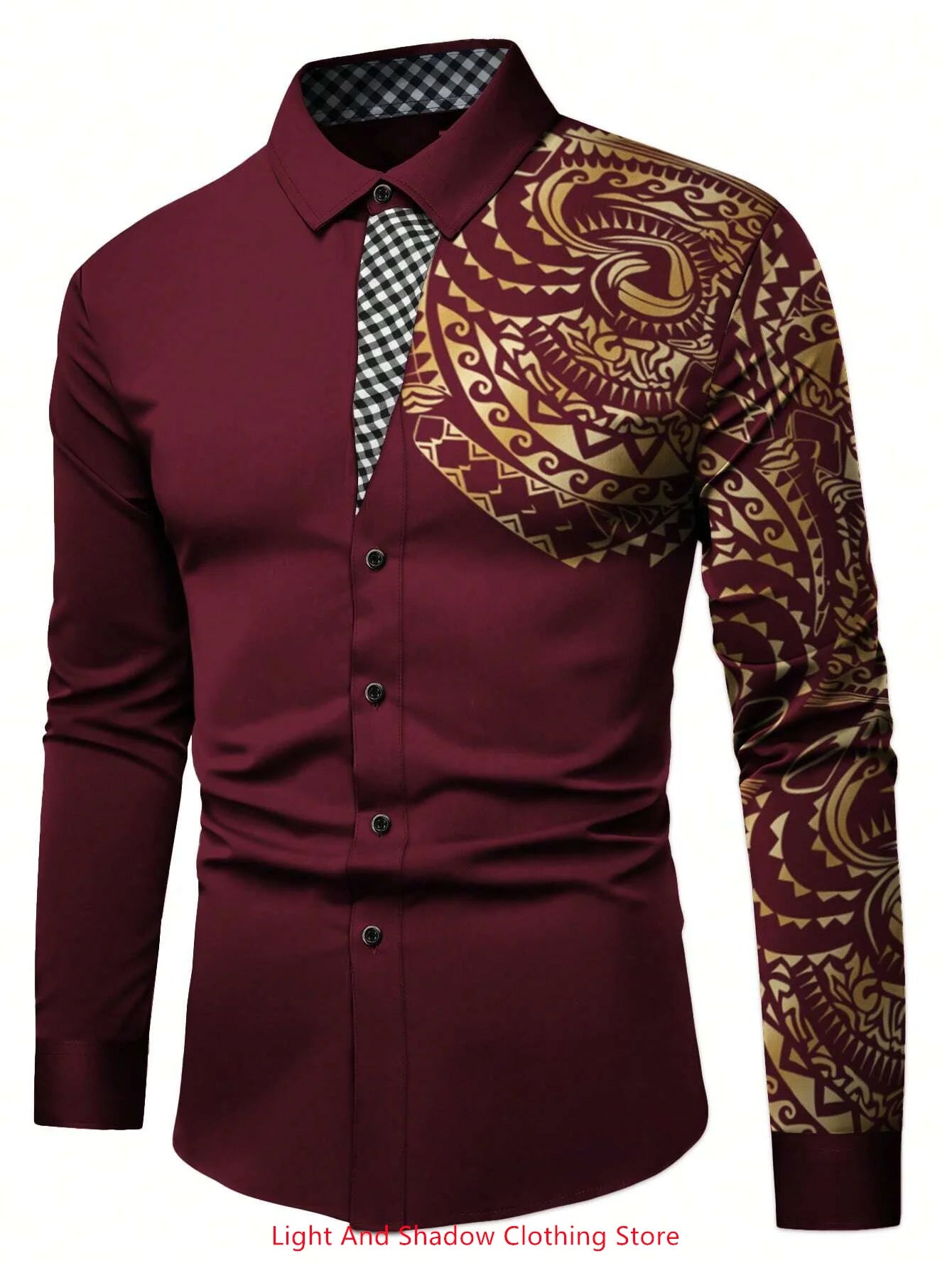 Men's fashionable long-sleeved business casual shirt with printed collar, comfortable men's clothing for social and party occasions.