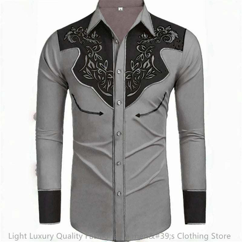 Men's long-sleeved retro western denim shirt by Showlu Fashion, featuring a loose fit, soft fabric, and vibrant 20-color options.