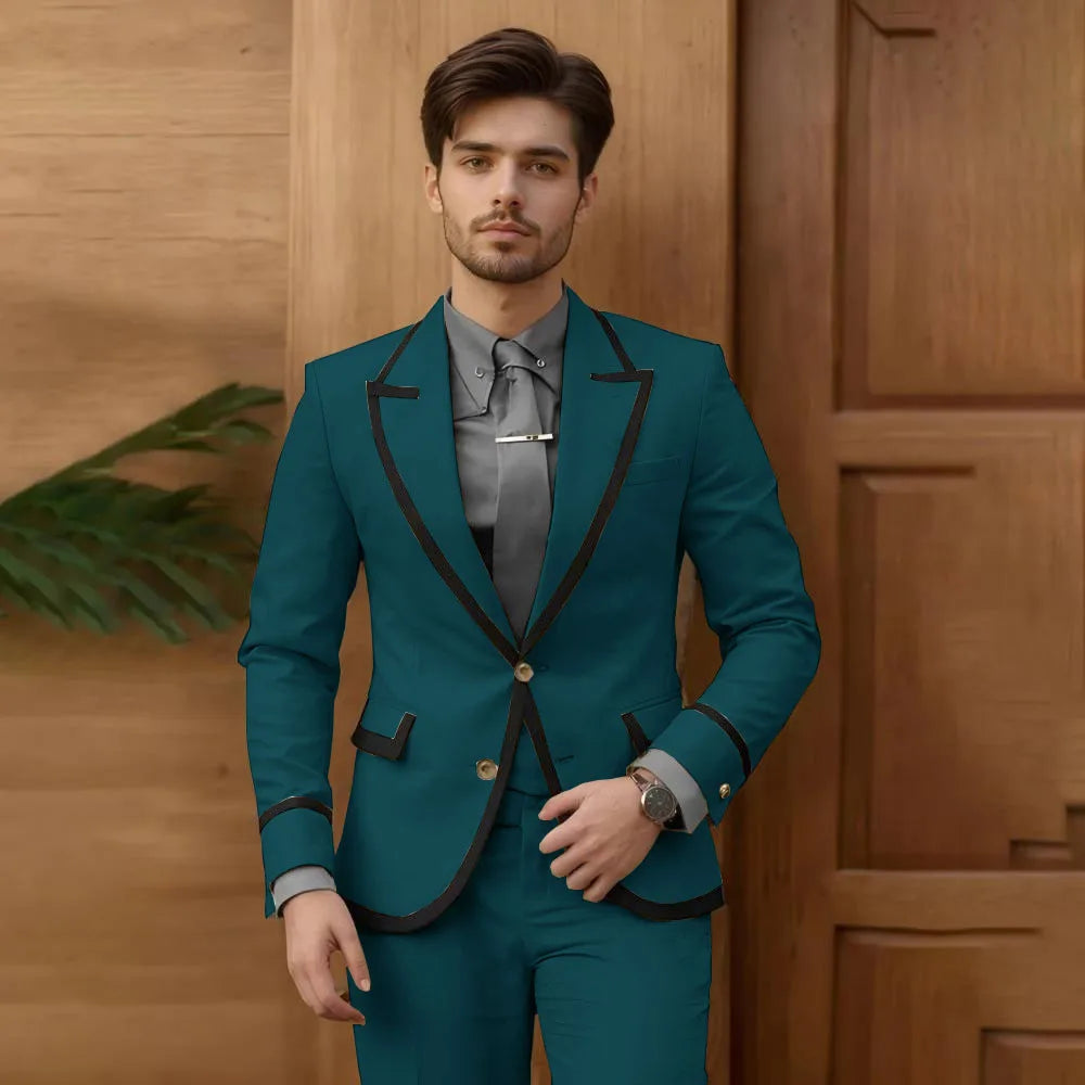 Beige male fashion suit 2-piece set with single-breasted blazer and pants, slim fit groom tuxedo for wedding or prom events.