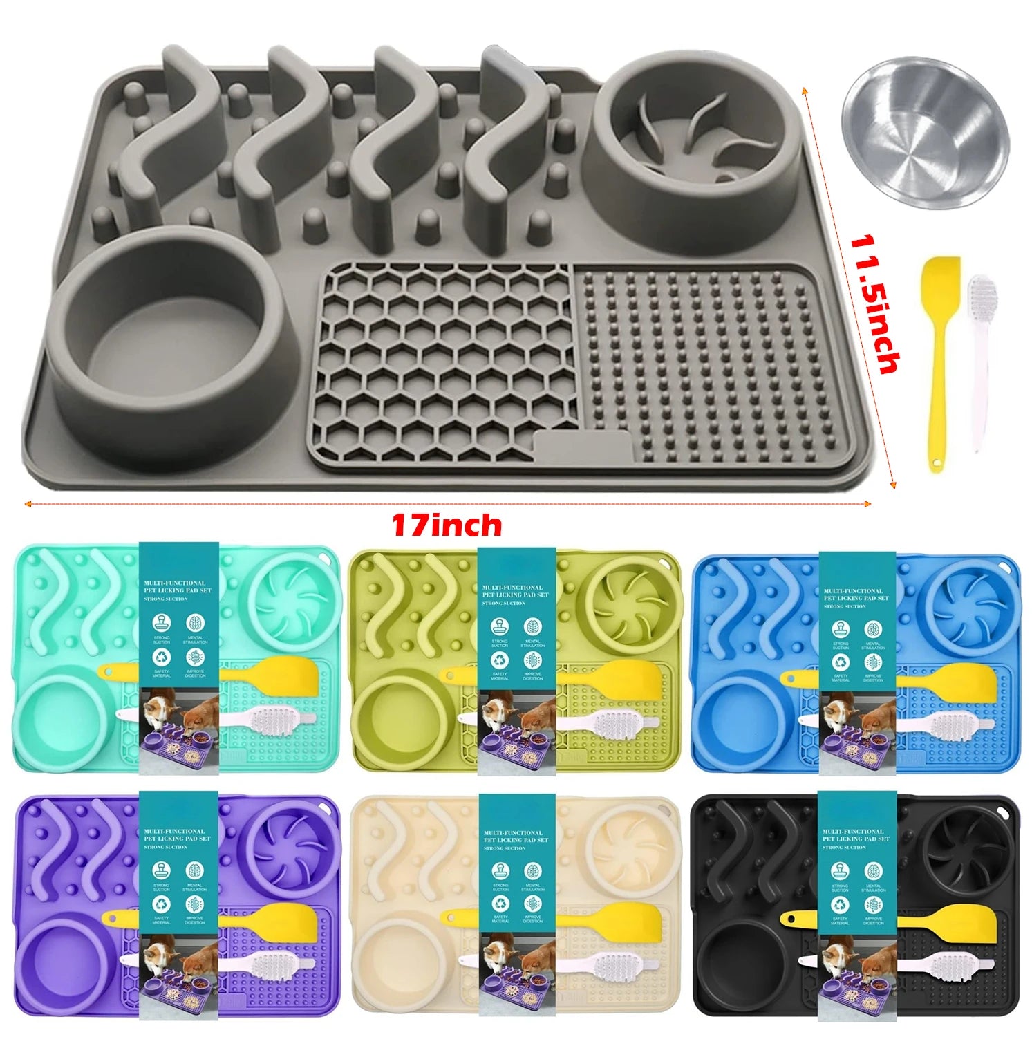 Turquoise non-toxic silicone slow feeder mat for pets with aluminum bowl, designed to reduce anxiety and boredom.