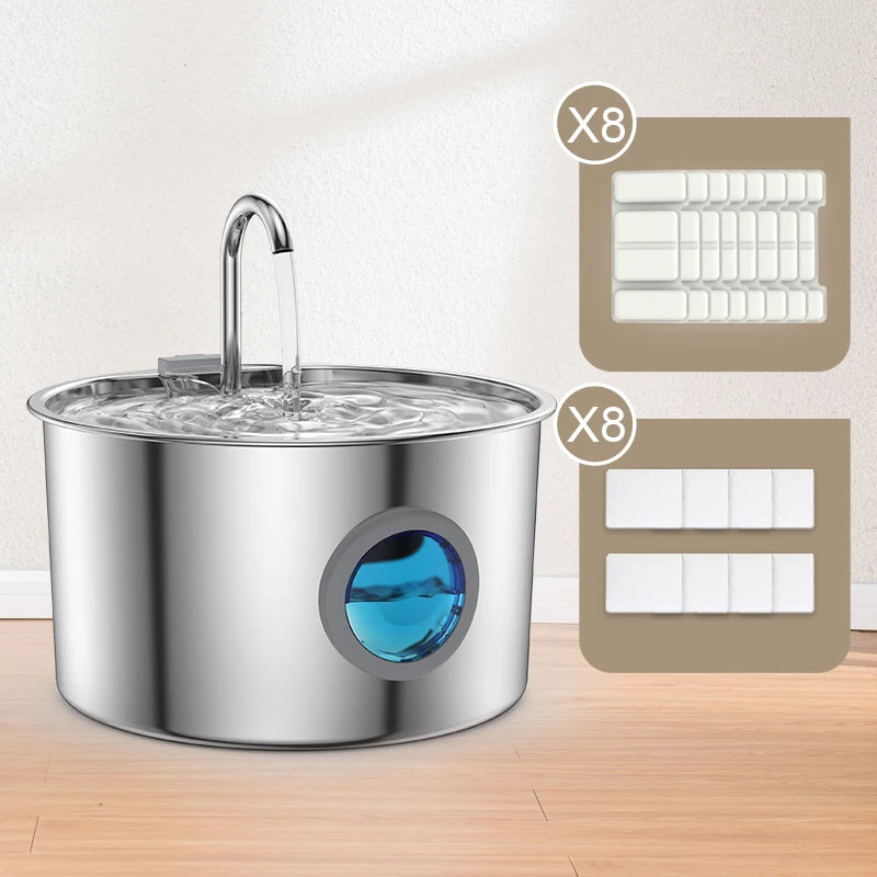 OPETH Stainless Steel Cat Water Fountain with 108oz capacity, automatic pet water dispenser, sleek modern design.
