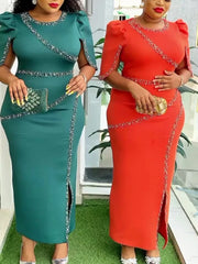 Womens Wedding Guest Dresses Elegant Trendy Solid Color Ruffle Beaded Round Neck Short Sleeve Dresses Style