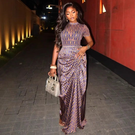 African Plus Size Women's Guest Mermaid Dress Elegant Short Sleeve Corset Ruched Cocktail Evening Formal Floor Length Dress