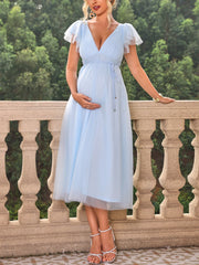 ItsRoya Double Layer Solid Mesh Maternity Dress V Neck Backless Ruffle Photography Props Dresses Loose Pregnant Women Clothing