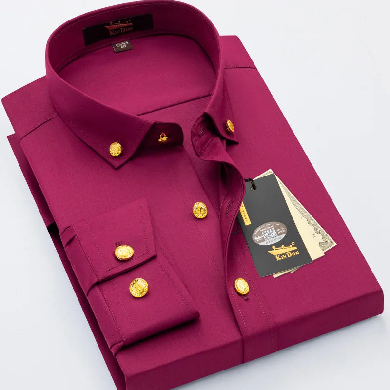 Men's luxury brass button long sleeve business casual shirt by Showlu Fashion, ironing resistant, suitable for office and gifting.