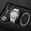 Fashion Arabic dial men's quartz wristwatch with silicone strap, part of a 4-piece business jewelry set with necklace, casual style.