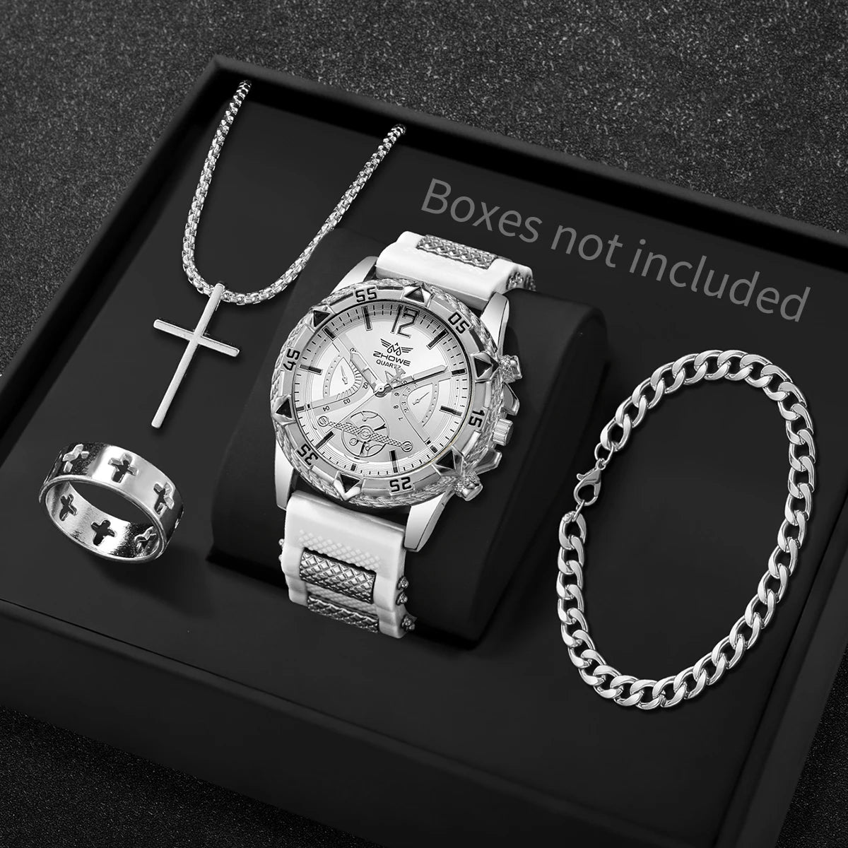 Fashion Arabic dial men's quartz wristwatch with silicone strap, part of a 4-piece business jewelry set with necklace, casual style.