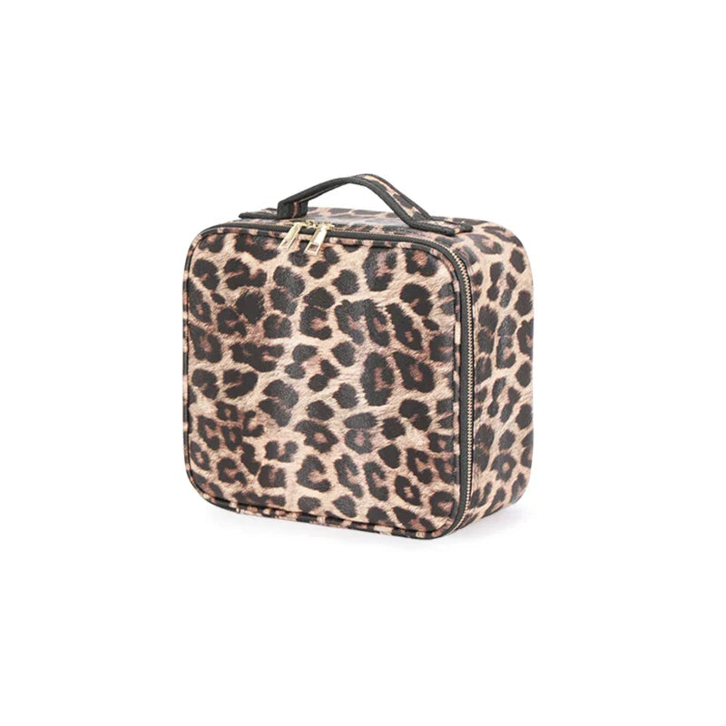 SHOWLU Travel Makeup Bag with LED lighted mirror, PU leather toiletry case, compact and stylish for organizing cosmetics and accessories.