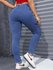 Women's Blue Elastic Jeans With Waist And Hip Lift Tight Little Fee Hairy Edges Sexy Overalls Multi-pocket Pants Lipstick Print SHOWLU FASHION STORE