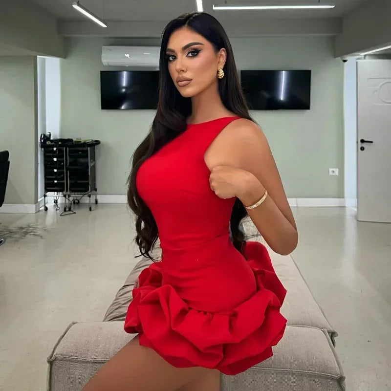 Red ruffled hem mini dress for women, elegant sleeveless backless O-neck design, perfect for evening parties and club wear.