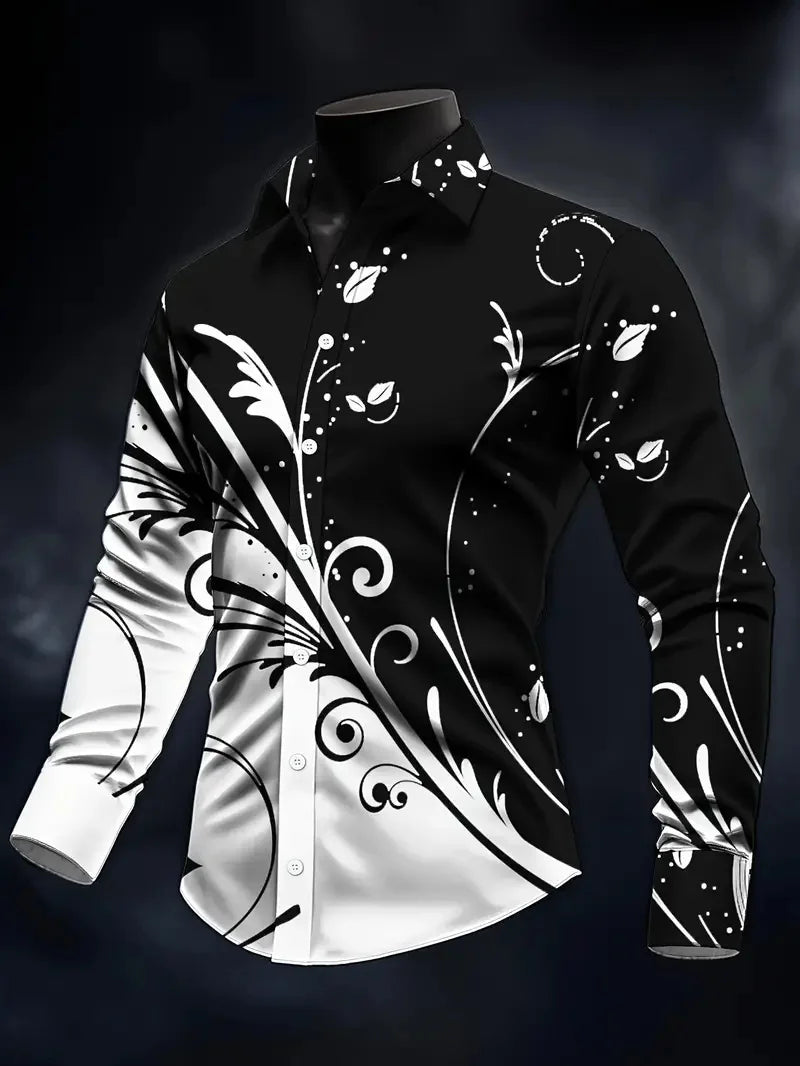 Men's long sleeve shirt with irregular geometric print, button-up design, in stylish fabric for fashion and streetwear looks.
