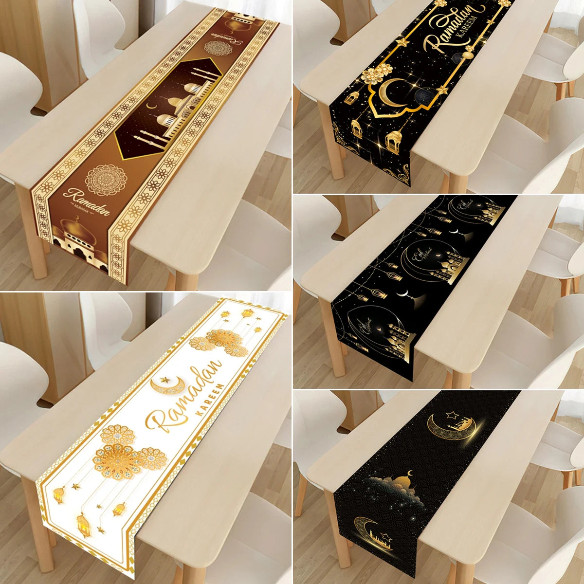 Ramadan decoration table runner with Eid Mubarak design, ideal for Islamic home decor and Eid Al-Fitr celebrations.