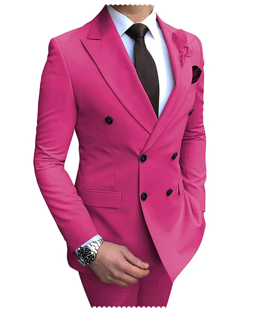 Beige men's 2024 suit by Showlu Fashion with blazer and pants, double-breasted, notch lapel, slim fit for wedding or casual wear.